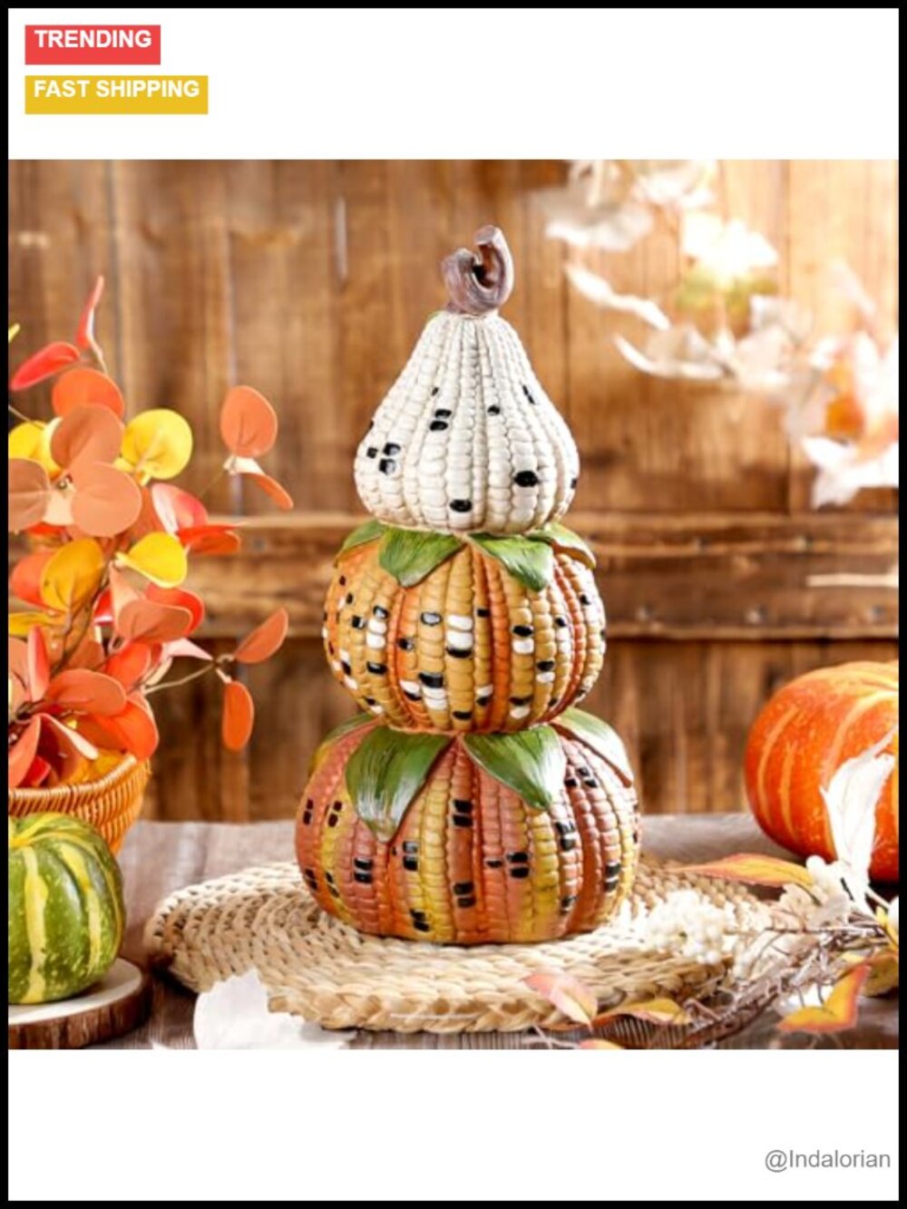 Fall Decor Artificial Corn Decorative Pumpkins Figurines, Set of 3, Resin, 14